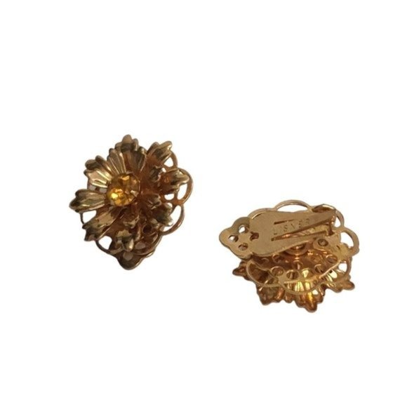 Vintage Lisner Signed Yellow Stone Flower Clip Earrings Gold Tone‎ - Picture 8 of 8